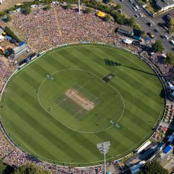 Aerial photo showing the capacity crowd during the 3rd Chappell-Hadlee Trophy one day cricket match between New Zealand and Australia at Seddon Park, Hamilton, New Zealand on Tuesday 20 February 2007. Photo: Stephen Barker/PHOTOSPORT 200207