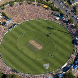 Aerial photo showing the capacity crowd during the 3rd Chappell-Hadlee Trophy one day cricket match between New Zealand and Australia at Seddon Park, Hamilton, New Zealand on Tuesday 20 February 2007. Photo: Stephen Barker/PHOTOSPORT 200207
